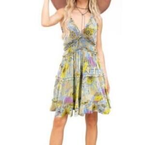 Barok Paris Floral Ruffle V-Neck Sundress Cross Back Rayon Multicolor Women's M